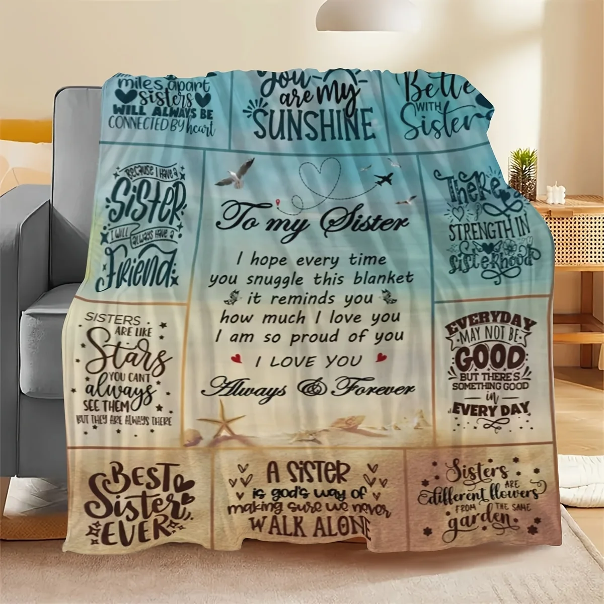 Cozy Embroidered Quote Throw Blanket for Sisters Friends Family Gift Decor Love Friendship Star Sunshine Nursery Keepsake Gift