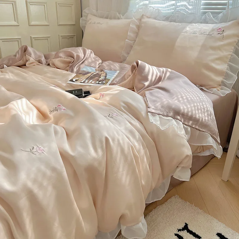 

Летние комплекты постельного белья из корейского искусственного шелка с вышивкой, приятные для кожи, дышащие кружевные вкладыши, комплекты пододеяльников для односпальной двуспальной кровати