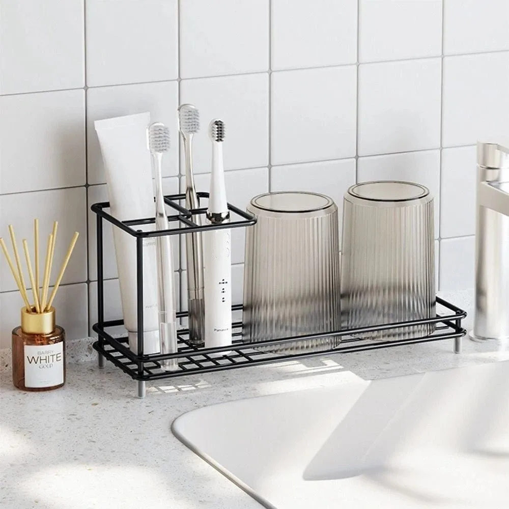 

Multi-Slot Toothbrush Holder Carbon Steel with Cup Holder Bathroom Organizer Non-Slip Space-Saving Toothpaste Shelf Bathroom