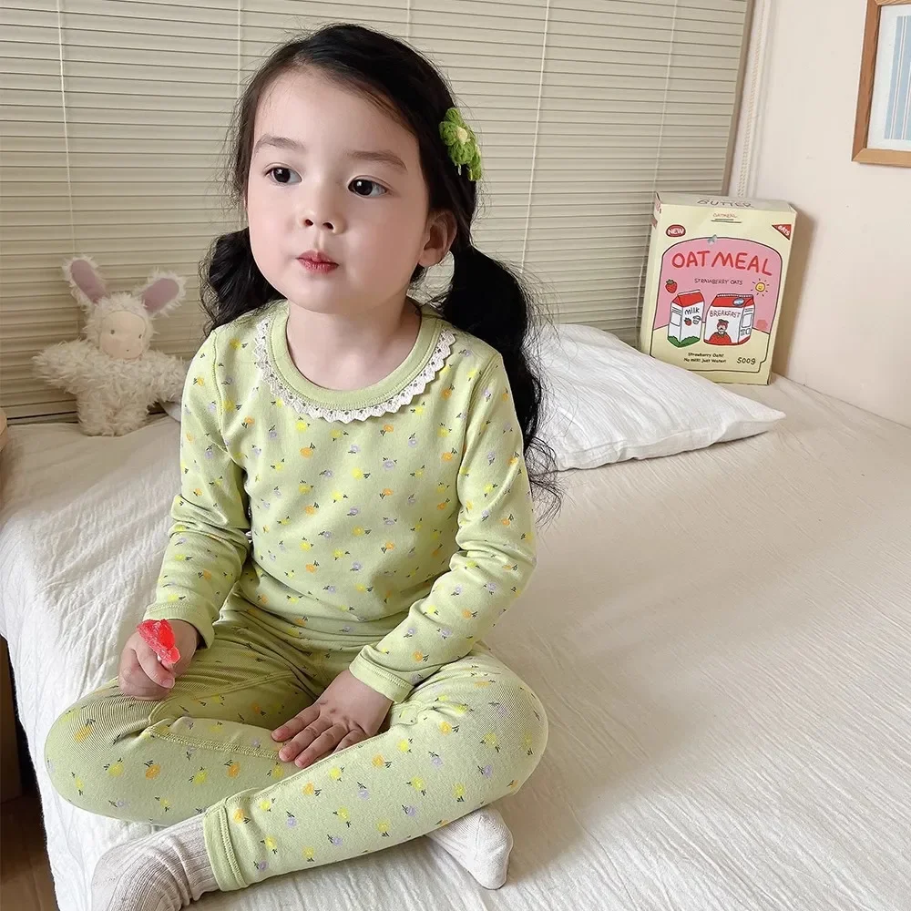 طقم بيجامة بناتي مزين بالزهور - ملابس نوم طويلة للربيع والخريف وسراويل طويلة ناعمة ودافئة للأطفال ملابس منزلية لطيفة للأطفال (قطعتان)