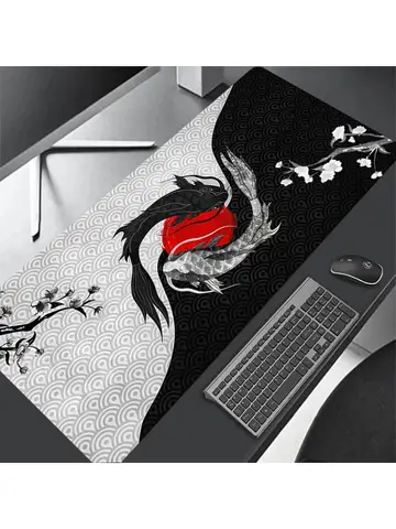 Japanese Desk Mat Black & White Mouse Pad Koi Fish Japan Art Seal Yin-yang fish Large XXL Gaming Deskmat Rubber Mousepad 80x30
