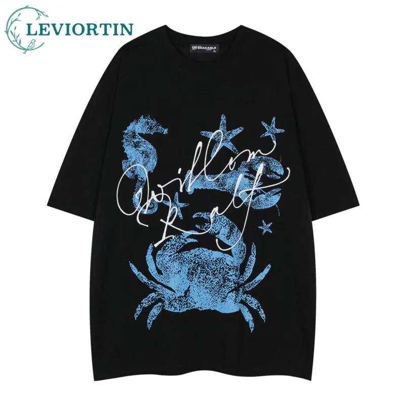 American retro underwater animal print cool short sleeved T-shirt for men and women in summer, loose and versatile couple's top