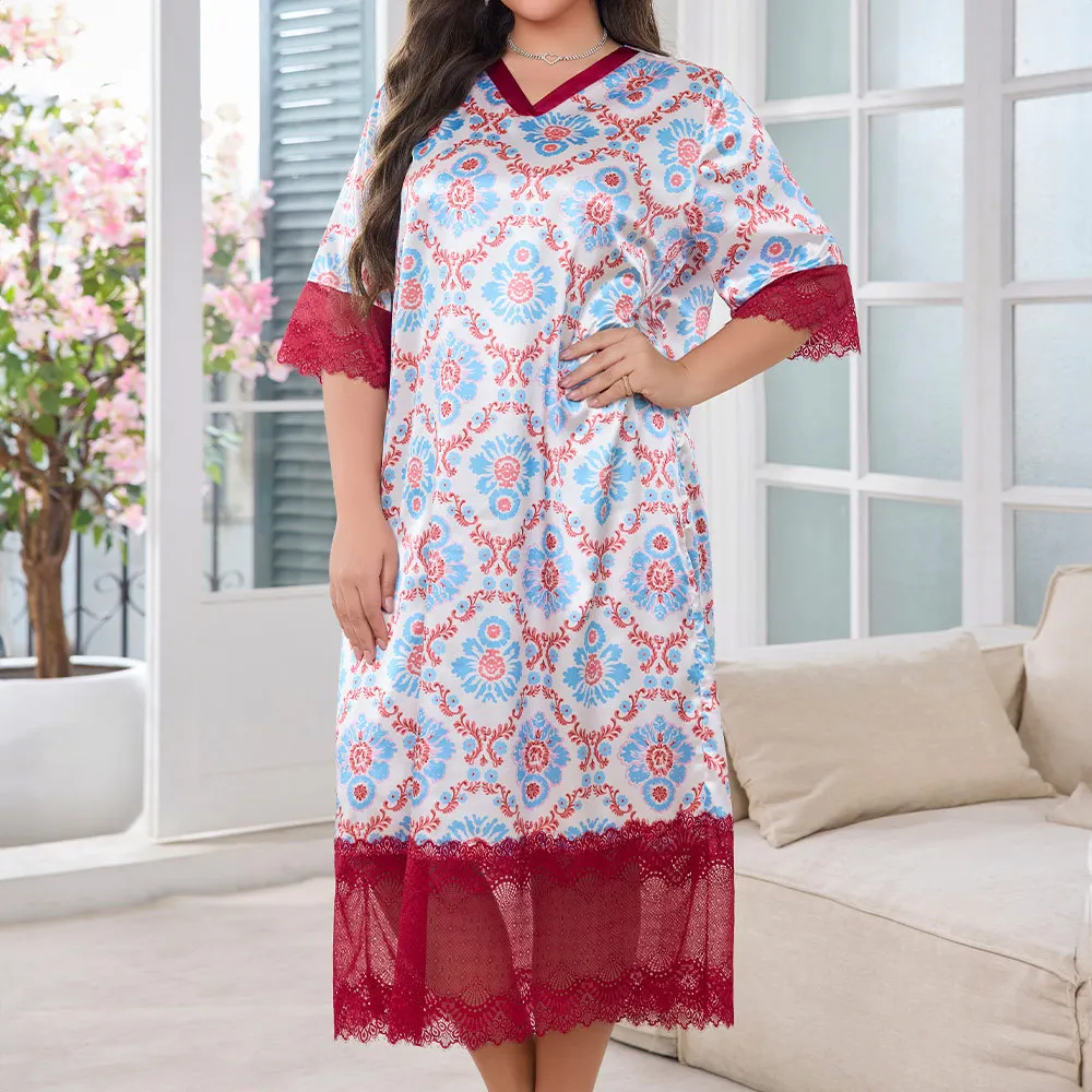 

Elegant Lace Hem Long Sleepdress Print Satin Women Nightgown Loungewear Sexy Half Sleeves Nightdress Sleepwear Loose Homewear