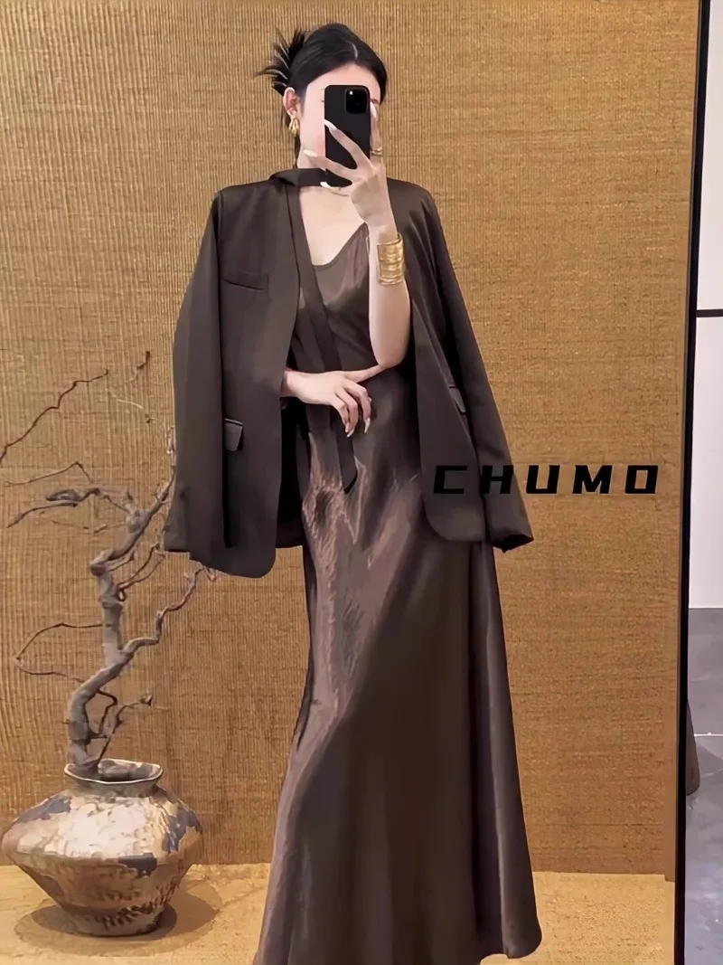 

New Korean Fashion Satin Dress Suit Women Autumn High End Long Sleeve Blazer Jacket + Sling Dresses Solid Color Two Piece Set