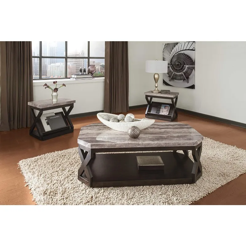 Faux Marble 3-Piece Table Set  Includes Coffee Table and 2 End Tables  Gray & Brown Designed with Fixed Shelves