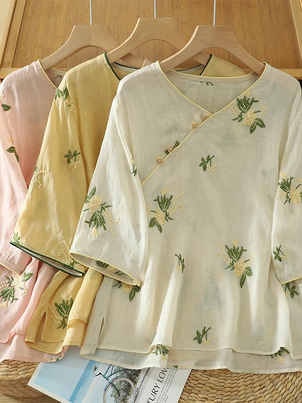 

Ele Embroidered Linen irt Overhead Large Size Women's Faion Side Button V-ne Five Sve Summer Top Commute Sle