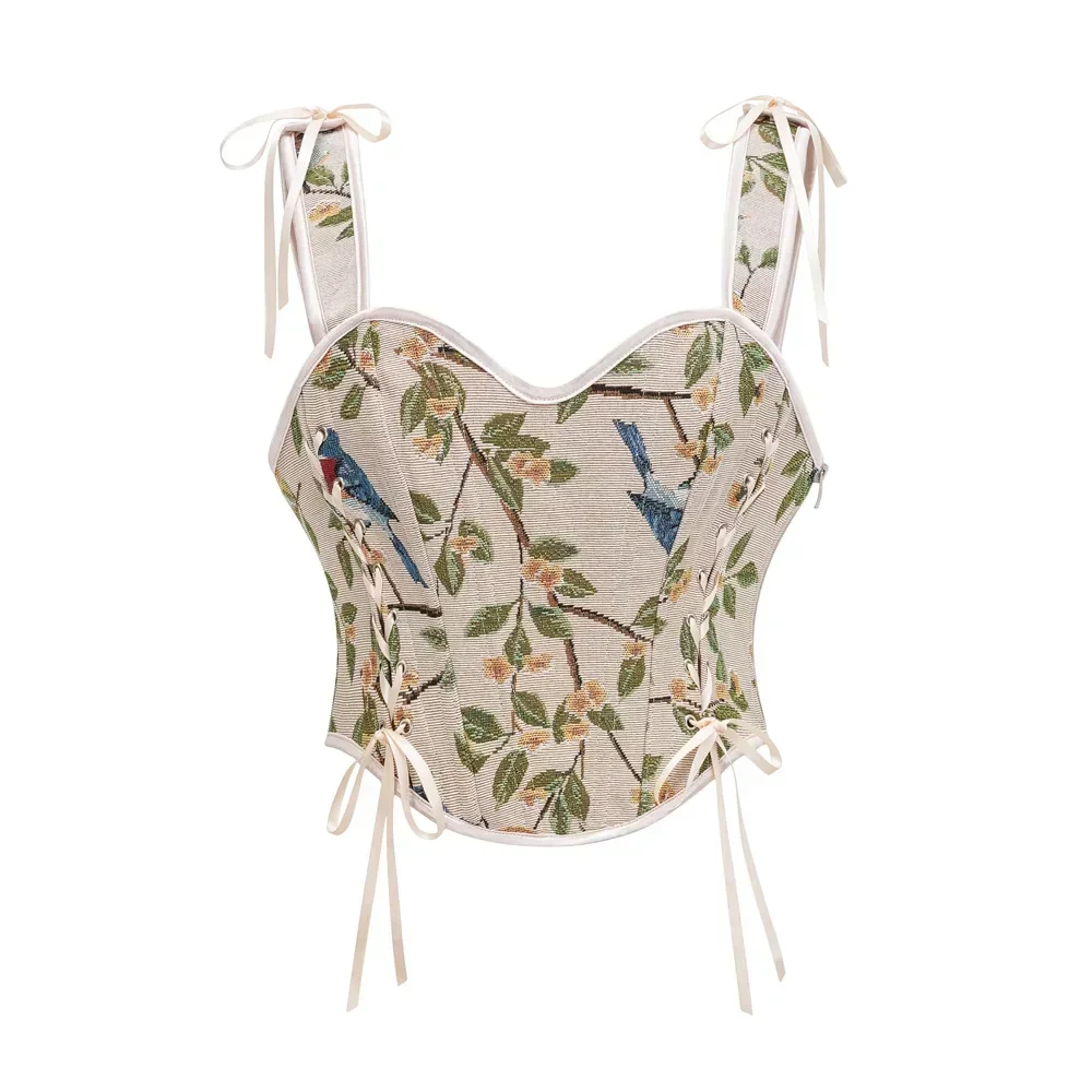 Summer Floral Print Crop Tops Female Sleeveless Bandage Short Strap Vest For Women Vintage Fashion up Corset