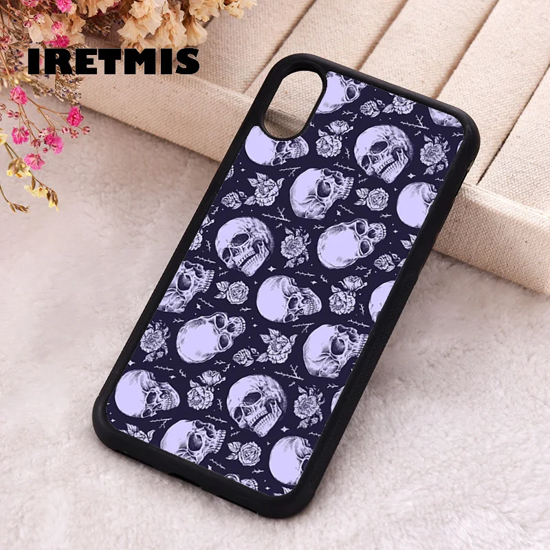 

Iretmis Phone Cover Case For iPhone X XS Max XR 11 12 13 PRO MINI 14 15 16 Plus Rubber Silicone Gothic Goth Skulls Floral