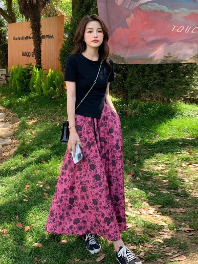 Spring Long Skirts Women Fuschia A-Line Beautiful Flower Print Wavy Edge Maxi dress Vintage Ladies Casual Thin Street Vestidos