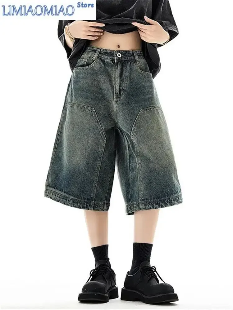 

Women's Retro Loose Wide Leg Unisex Denim Cropped Pants Summer Cargo Shorts Young Girl Casual Bottom Female Calf-length Pants