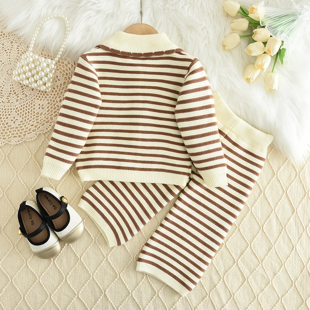 Girls Clothes Korean Striped Sweater Suit Long Sleeved Lapel Single Breasted Cardigan Top + Pants Autumn/winter 2-piece Set