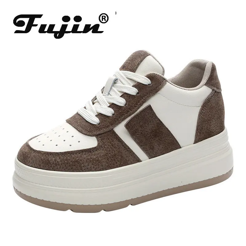 Fujin 7cm Genuine Leather Hidden Heel Breathable Chunky Sneakers Spring Autumn Skate Shoes Platform Wedge Sneakers Women Shoes