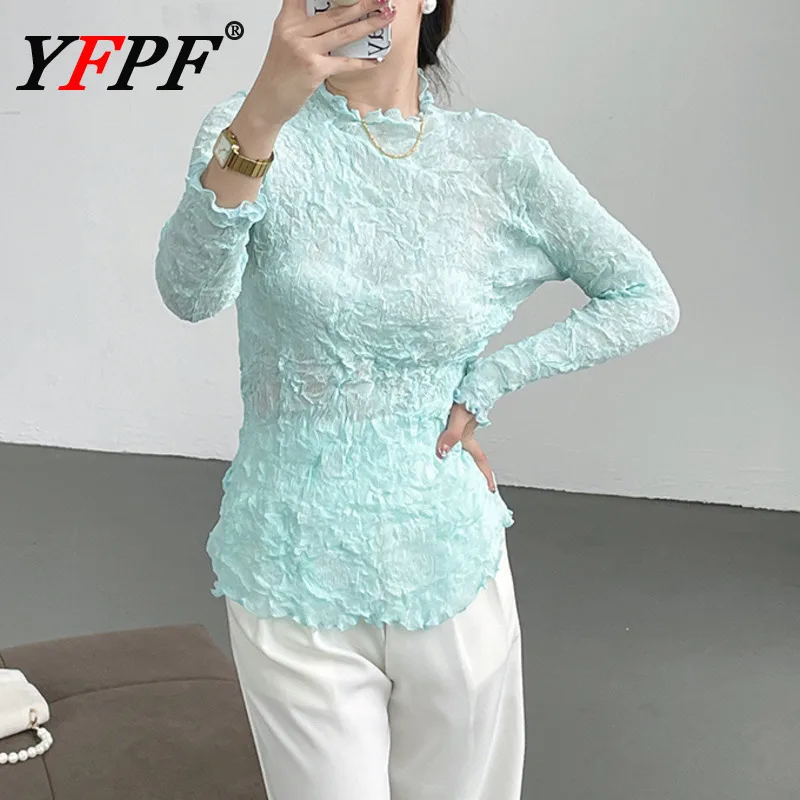 

YFPF Miyake Pleated Sunscreen Tops Women Versatile Long Sleeve Slim Solid Color Blouse Casual 2025 New Clothing Fashion 3A427