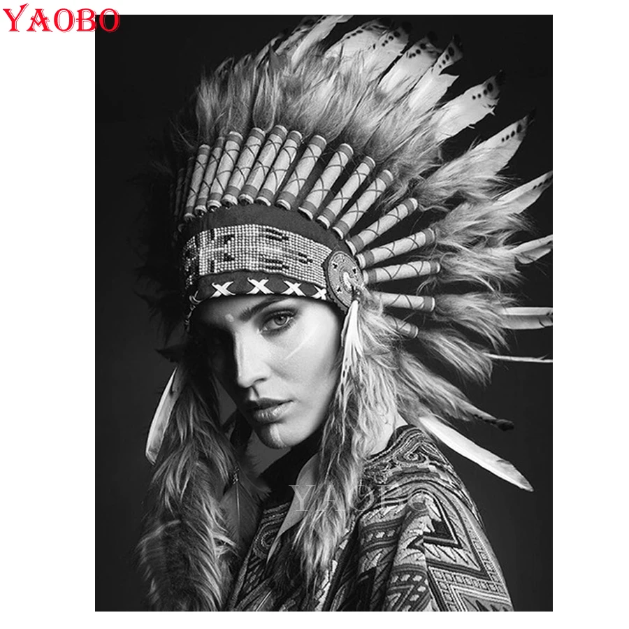 Full Drill Diamond Embroidery Indians Woman Rhinestone Kit Handmade Gift Diamond Painting Mosaic Black And White Wall Art