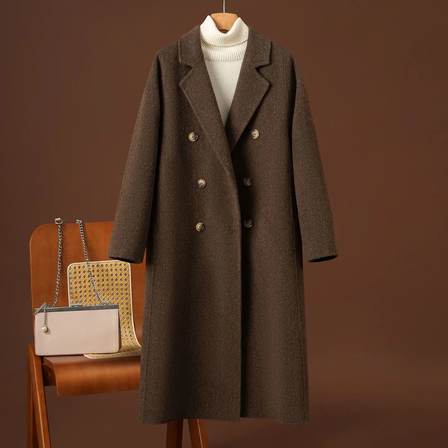 

Autumn&Winter New Double-Sided Wool Coat Women's Suit Collar Long Double-Breasted Loose Versatile Pure Wool Woolen Coat