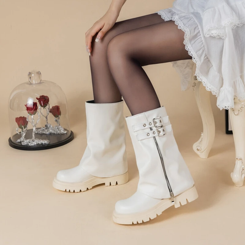 

ORCHALISA/Новые женские черные мотоциклетные ботинки до середины икры, пряжки на плоском каблуке 3,5 см, с круглым носком, белые, большие размеры 40–43 (US12) Повседневная мода