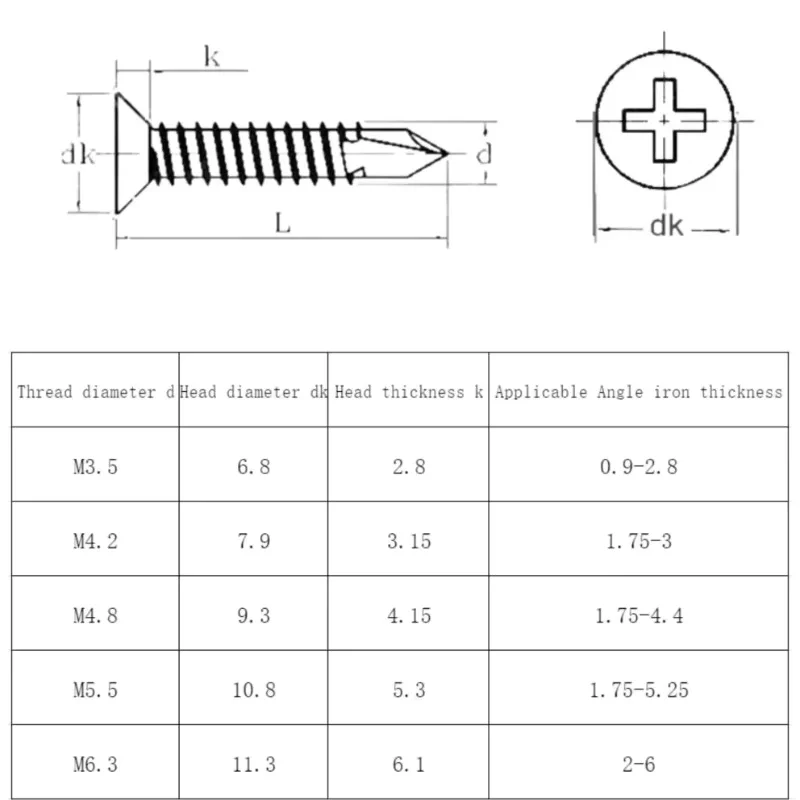 M3.5 M4.2 M4.8 M5.5 Black 410 Stainless Steel Flat Head Phillips Self Drilling Screw Cross Countersunk Head Self Tapping Screws
