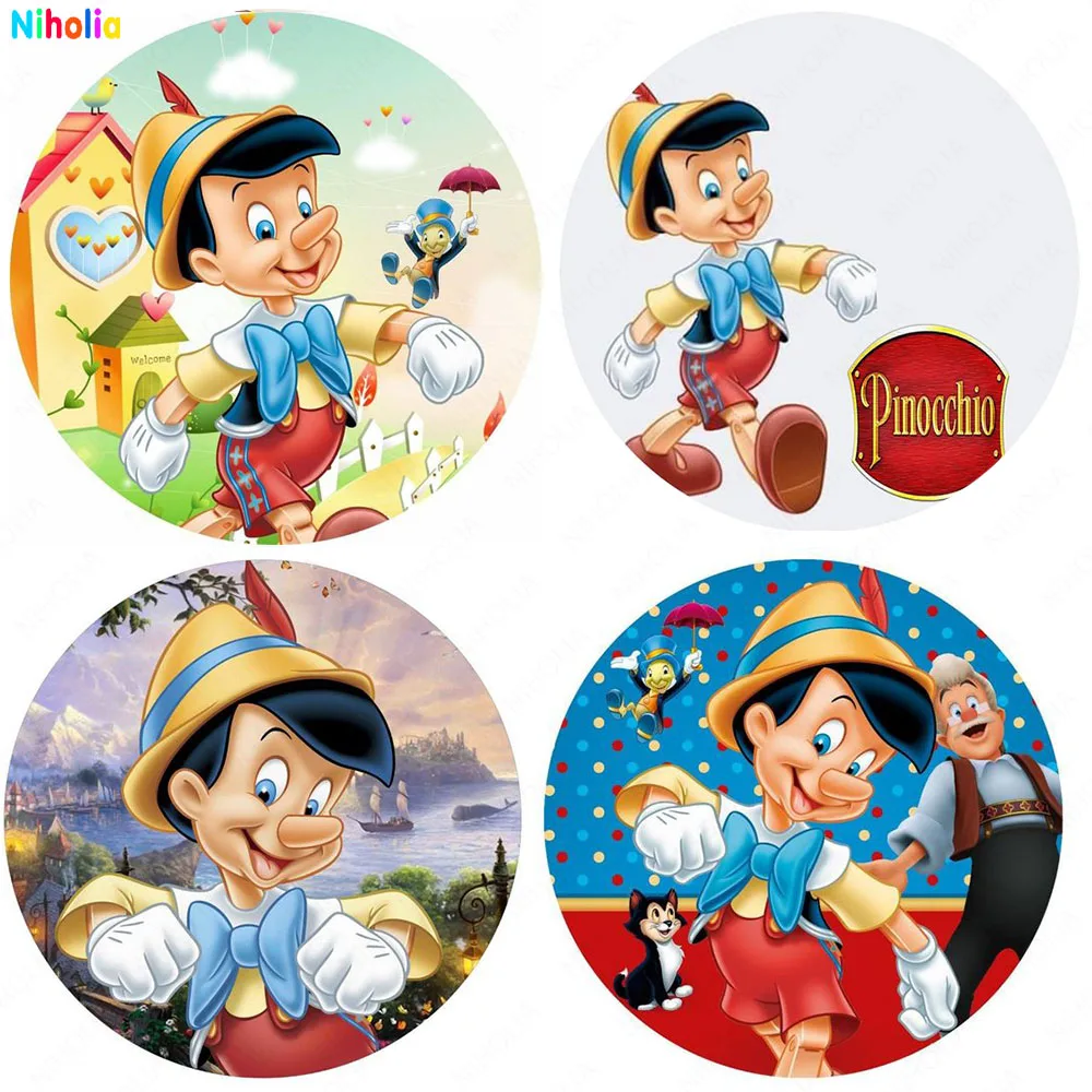 

Disney Adventures Pinocchio Backdrops Round Cover For Kids Boys Birthday Party Jiminy Grandpa Carpenter Photography Background