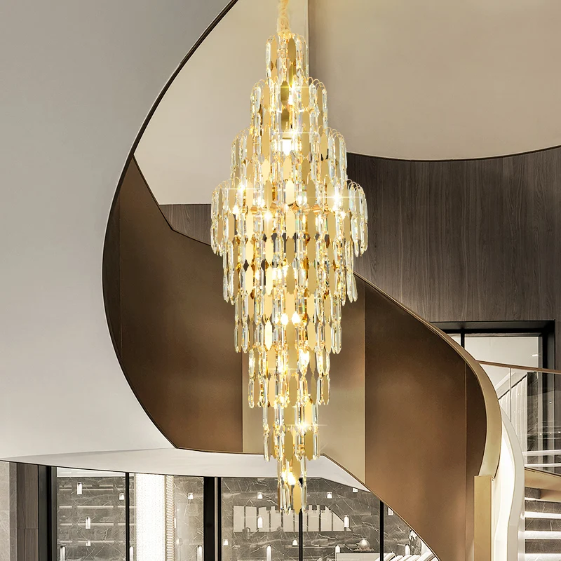 Duplex Villa Living Room Crystal Chandelier Lobby Luminaire Simple Rotary Staircase Long Gray Crystals Lighting Fixtures