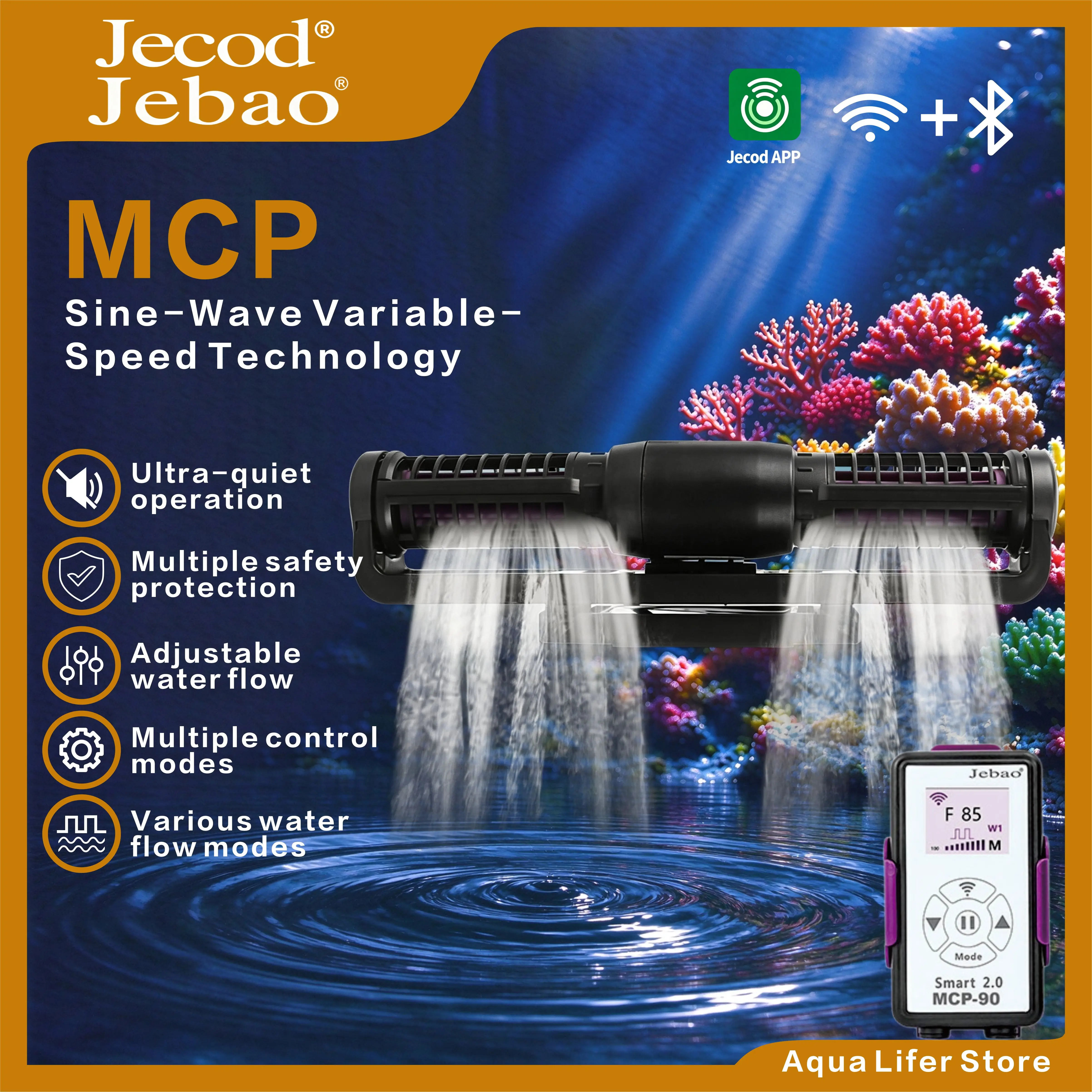 Jebao Jecod MCP Cross Flow Wavemaker Pump, Bluetooth WiFi APP Control with Controller for Fresh & Saltwater Reef Aquarium