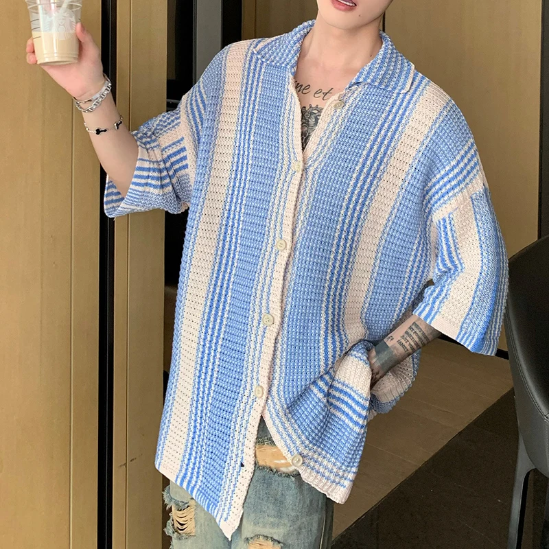 Men's Contrast Color Short-Sleeved Knit Shirt Summer Hollow Out Loose Classics Lapel Casual Versatile Thin Knitted Sweater Coats