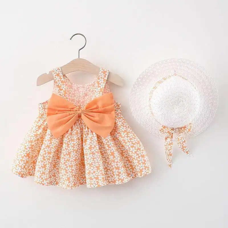 Baby Dress 2024 Summer New Girl Bow Strap Set Children\'s Flower Print Suspender Shorts Casual Two Piece Set+Hat