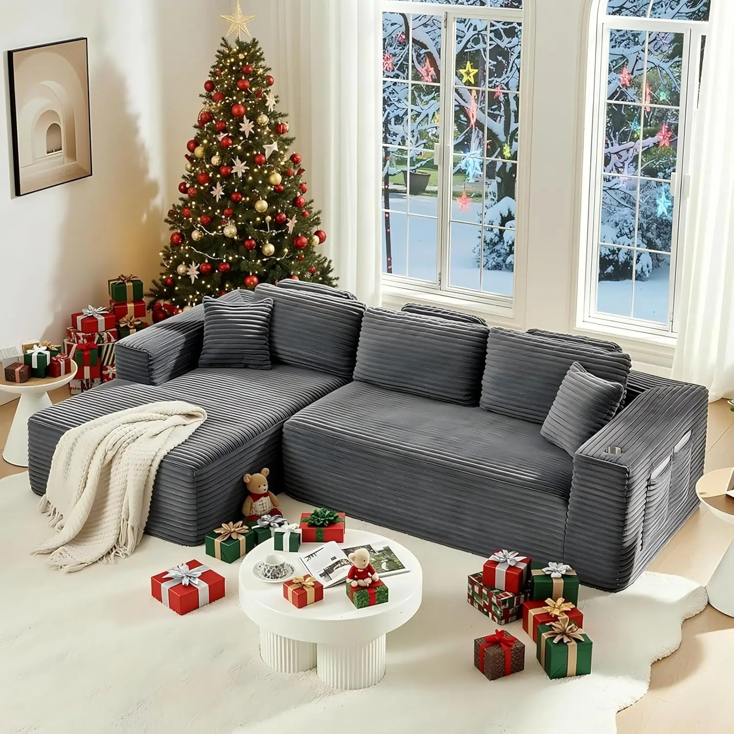 

Бескаркасный диван 108 дюймов в одной коробке, модульный угловой диван из вельвета Cloud, сжатый модульный L-образный диван с глубоким сиденьем и возможностью индивидуальной настройки