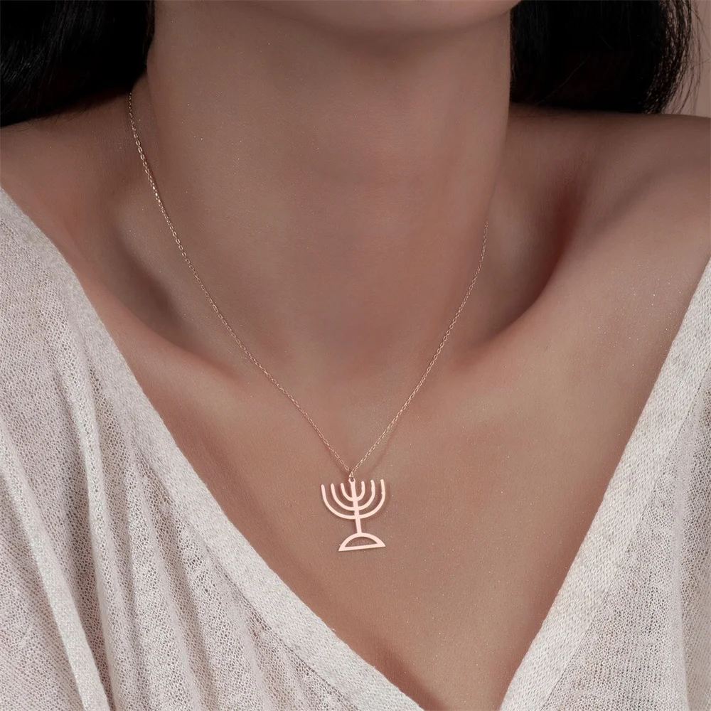 Retro Jewish Menorah Stainless Steel Pendant Judaica Hebrew Israel Faith Lamp Hanukkah Necklace Religious Jewelry for Women Men