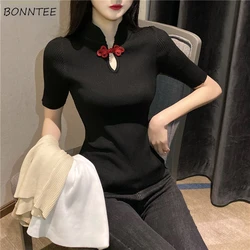 T-shirts Women Fashion All-match Knitting Female Slim Summer Short-sleeve Vintage Tops Design New Cropped Korean Mujer Camisetas