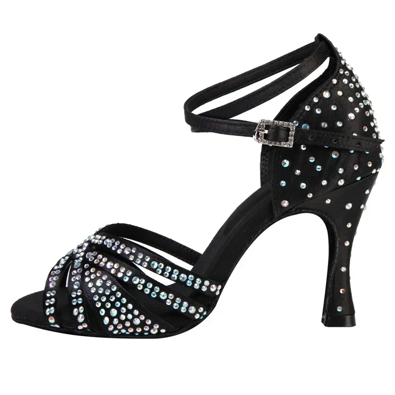 Lateinische Tanzschuhe für erwachsene Frauen mit weicher Sohle und Diamantbesatz, professionelle Tanzschuhe für den Innenbereich, mittlerer Absatz. – Detail 7