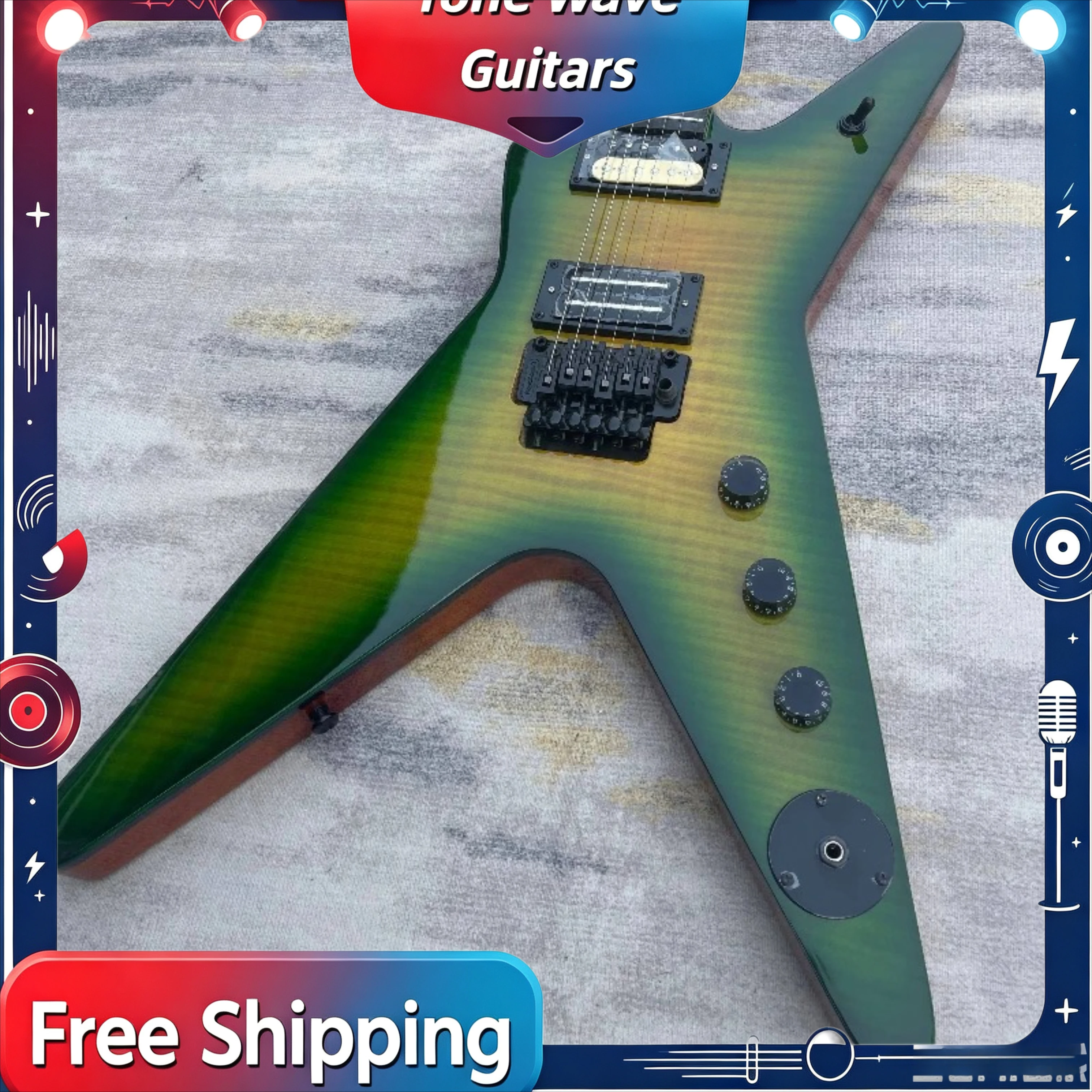 New Green and Yellow Tiger Pattern Gradient V-shaped Double Shake Electric Guitar Solid Body Delivery Included