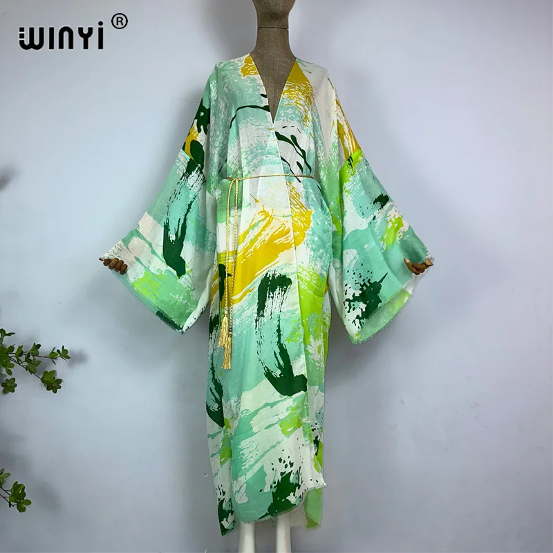 Winyi Kimono Zomerprint Y 2K Kaftan Bikini Cover-Up Elegant Vest Sexy Vakantie Maxi Strand Badpak Avond Feestjurk