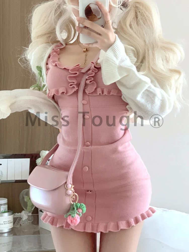 Pink Japanese Kawaii Two Piece Set Women Knitted French Elegant Strap Dress Suit Female Ruched Slim Korean Style Set Autumn 2023