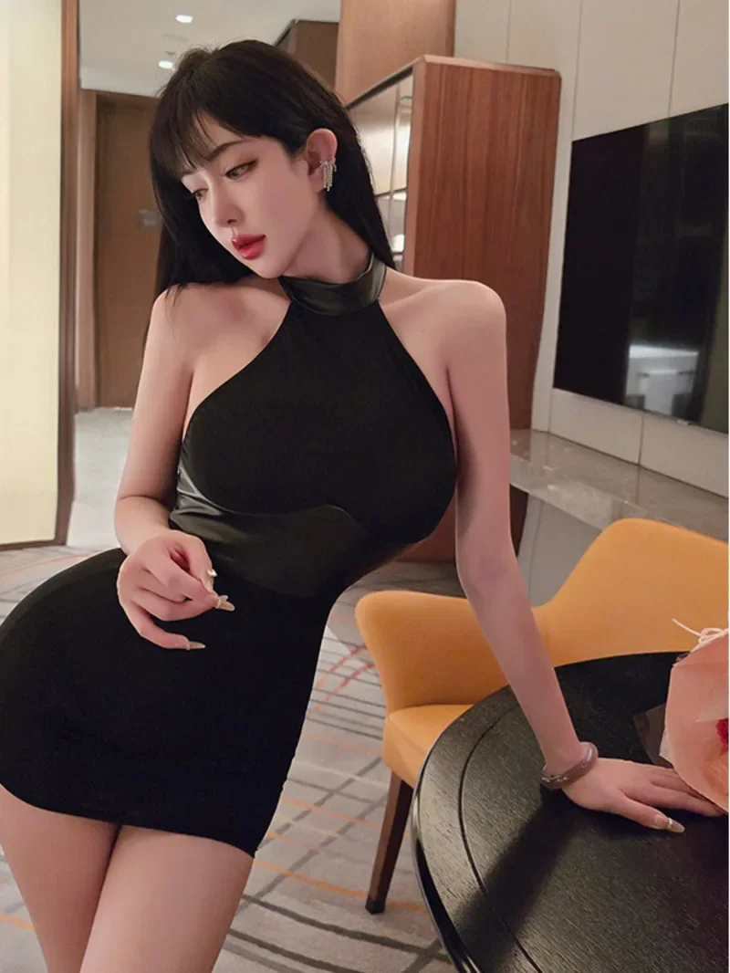 

Sexy Halter Patchwork Women's Pencil Dresses Oil Silk Sheer See Through Package Hip Bodycon Micro Dresses Lift Butt Dress KZIO
