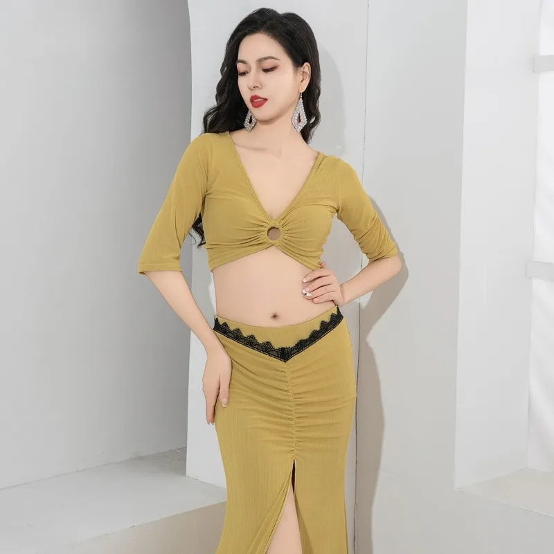 Customized Belly Dance Costumes Dress 2025 New V-neck Lace Edge Mid Split Fishtail Skirt Practice Clothing  Exotic Dancewear
