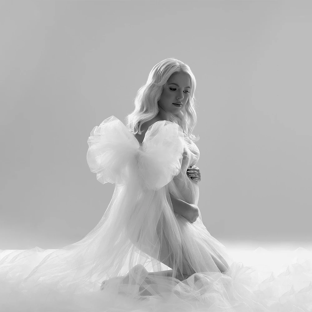 One Shoulder Maternity Dress For Photoshoot Tulle Flowing Bow Accent White Long Robes Pregnant Women Dresses Photography Studio