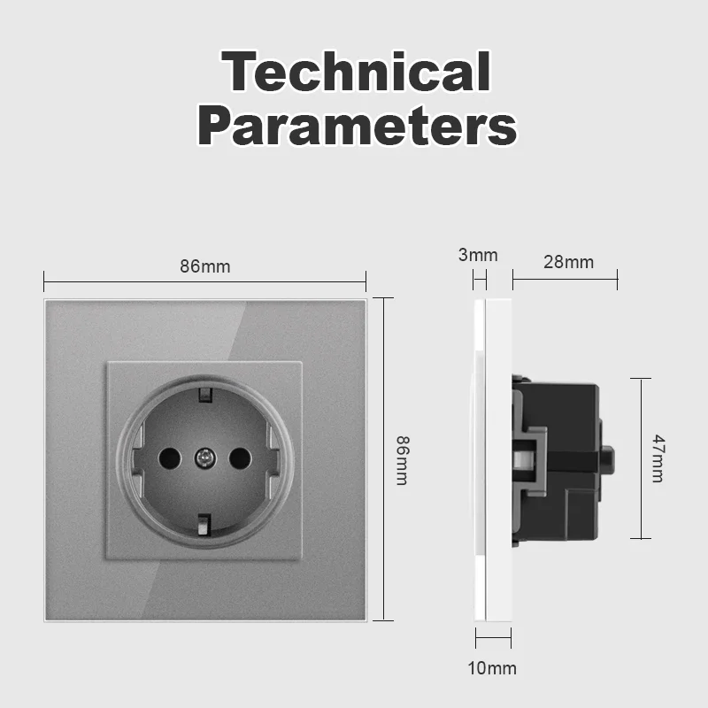 16A Wall Power Socket Europe Russia Spain Germany White Black Grey Crystal Glass Panel Home Improvement 86*86mm