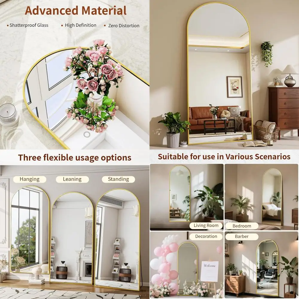

Arched 71x26 Floor Standing Mirror, Versatile Wall Mount or Leaning, Ideal for Living Rooms, Gold Finish