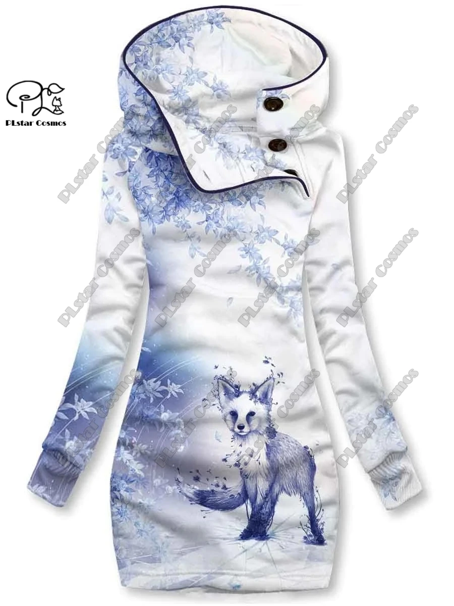 3D printing Christmas snowflake animal series cute fox pattern special collar women\'s long sweater dress casual and warm