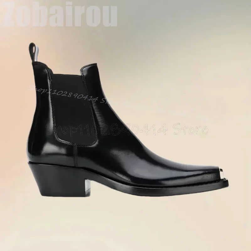 Black Patchwork Metal Pointed Toe Ankle Boots Fashion Slip On Men Boots Luxurious Handmade Party Banquet Office Men Dress Shoes - view 3