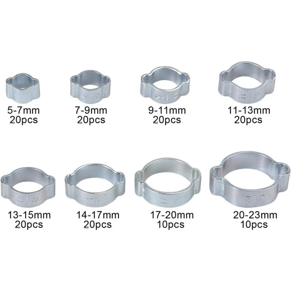 140-teiliges Sortiment Doppelohr-Schlauchklemmen - Breit Einstellbare 5-23mm Verzinkte Stahl-Doppelohr-Schlauchklemmen – Detail 4