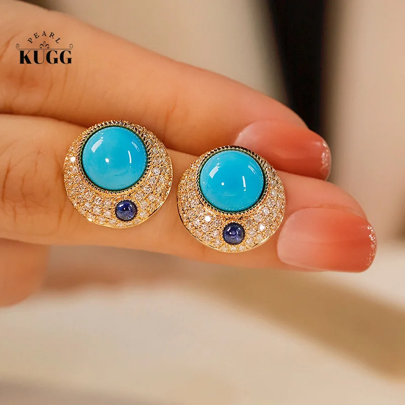 

KUGG 18K Yellow Gold Earrings Luxury Diamond Jewelry Natural Turquoise and Sapphire Gemstone Earrings for Women Senior Banquet