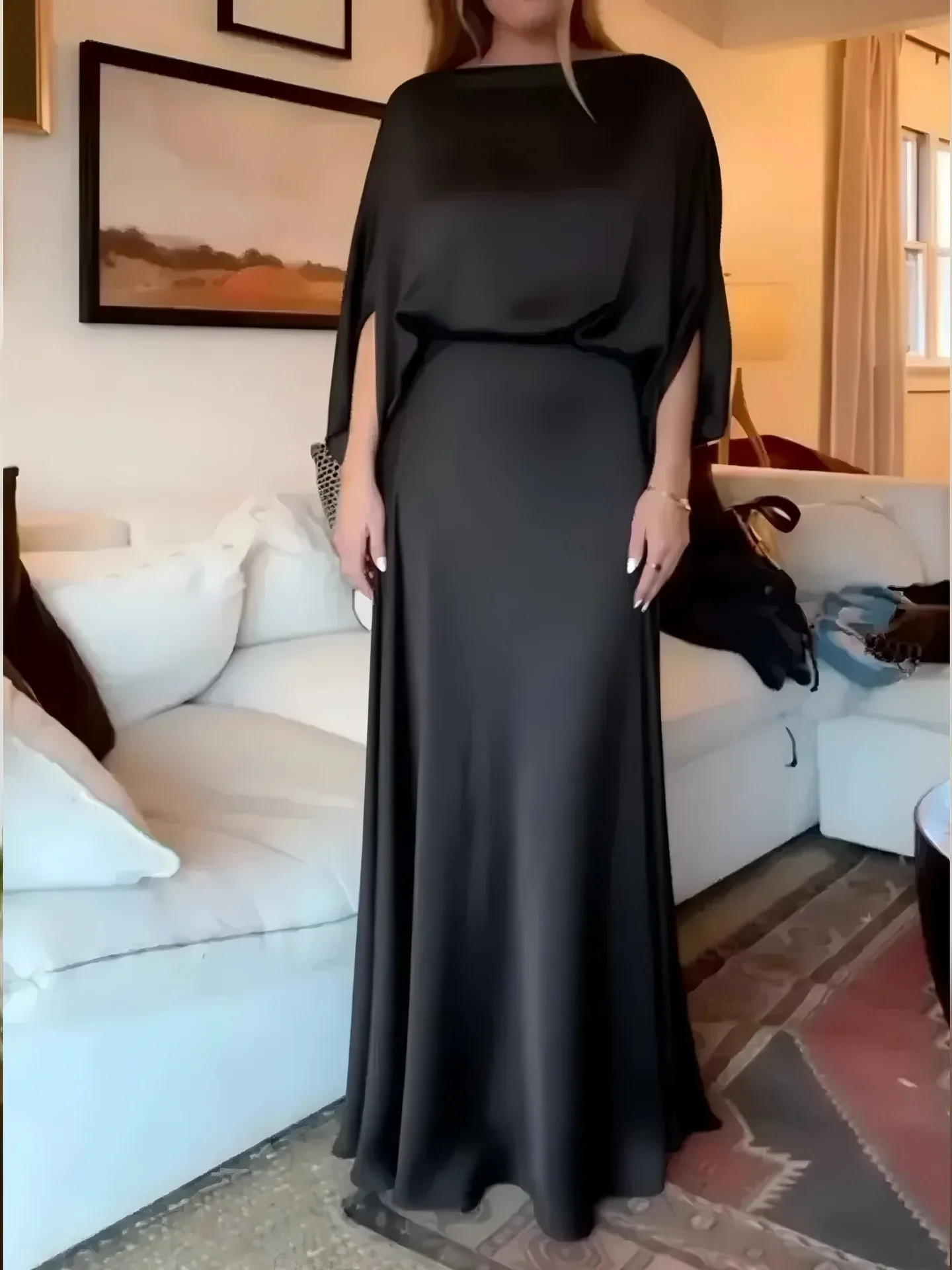 Damen Modisches Atmosphärisches Kleid Frühling Sommer Neuer Stil Rundhals Sieben-Ein-Acht-Ärmel Elegantes Sexy Einfarbiges Seiden-Langkleid – Detail 4