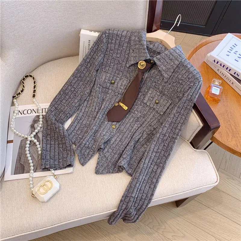 غير النظامية طويلة الأكمام الرقبة الكورية بلوزات قصيرة ربيع الخريف جديد الصلبة شارع العليا تي شيرت موضة ملابس النساء غير رسمية