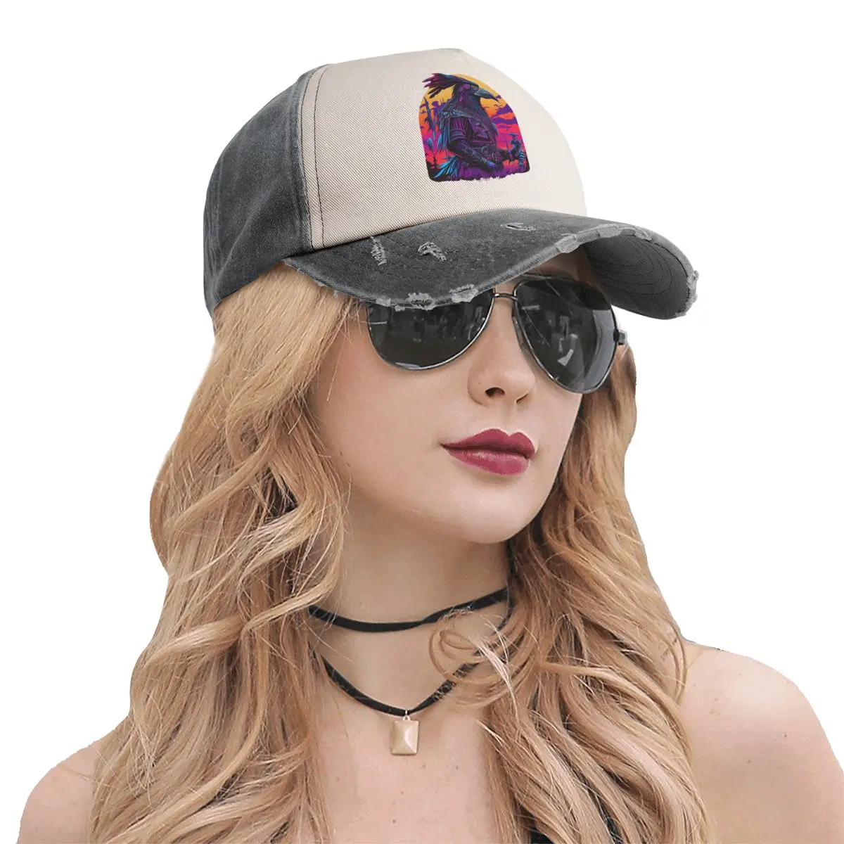 Synthwave Raven Skull Demon Slayer 18 Fishing Sun Cowboy color wash hat Hats Novelty Headdress Sports image 6