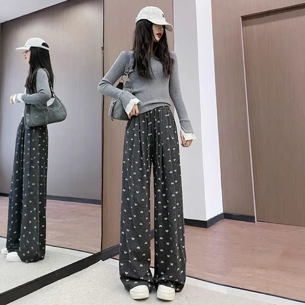 دقيق الشوفان فراشة عقدة الدبق السراويل النسائية ربيع الخريف عالية الخصر ثنى عادية كسول لينة واسعة الساق بنطلون