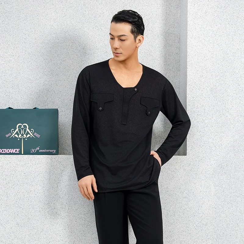 Costumes de danse modernes pour hommes, haut de danse latine noir à manches longues, vêtements de danse latine Samba Chacha pour adultes, costume d'entraînement DQL11831