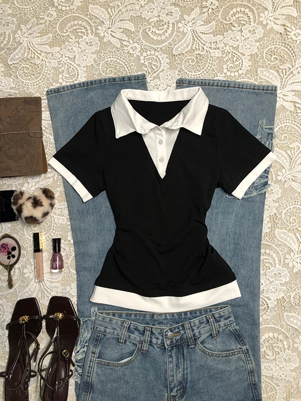 

Original Bla White Contrast Color irt Collar Splicing Fake Two-Piece ort Sve T-irt Vintage Summer Top for Girls