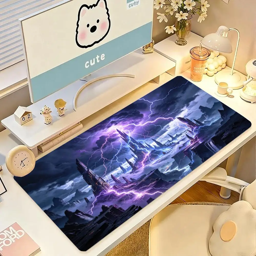 Purple Thunder Storm Castle Desk Mat Large Size Precision Tracking Thick Rubber For Dark Fantasy