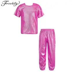 Kids Boys Girls Hip Hop Jazz Street Dance Performance Costume Metallic Shiny T-shirt with Glittery Pants School Party Dancewear